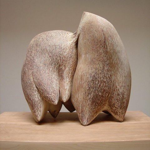 An abstract ceramic sculpture by Syd Carpenter of a bulbous form