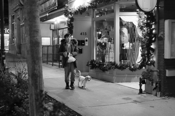 Night, and the streetlamps and lights of the closed shops cast a soft glow on the pavement. At right, the storefronts recede to the upper left corner of the image. At left, a slender tree trunk runs from top to bottom of the frame. Just left of centre, a young man walks toward the camera with his small dog, carrying takeout food. 