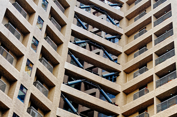 High-rise facade detail with fluid viscous dampers.