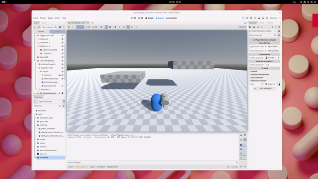 A screen recorder video of the game prototype I described in the toot. showing a character represented as a blue capsule moving around and swinging a hammer.