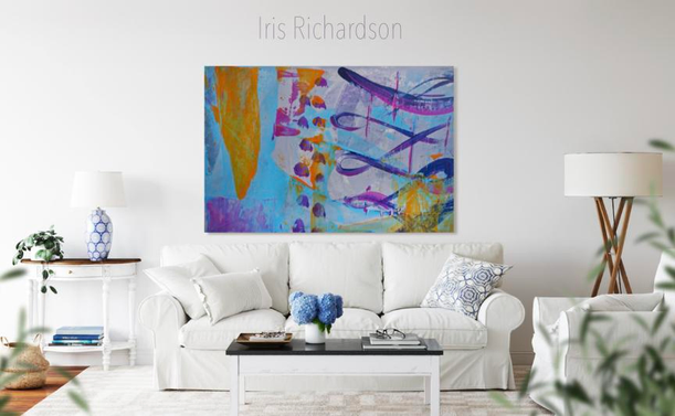 Blue and Gold Abstract IV acrylic painting hanging over white sofa