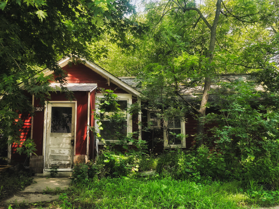 An abandoned red house surrounded by overgrown greenery. The weathered white door and peeling paint convey a sense of decay and solitude.