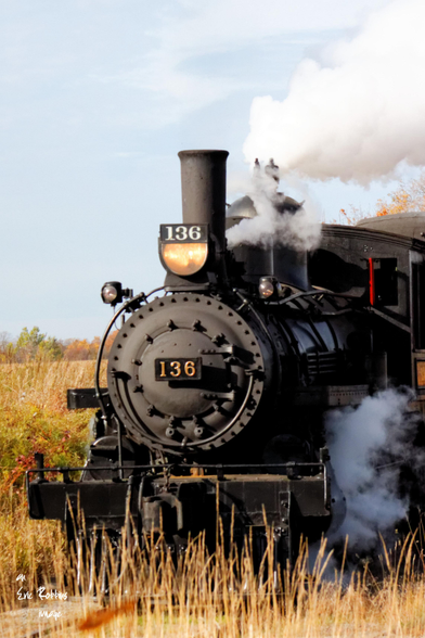A black steam engine CPR #136 steaming on the South Simcoe Rail line north of Tottenham, Ontario. Around the engine are golden coloured grasses and weeds of mid autumn, while the sky is a pale blue colour with clouds evident.