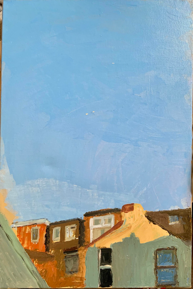 A painted scene featuring rooftops of buildings against a clear blue sky. The roofs are primarily brown and orange, with some light blue and green elements. A brighter sun filled area casts a shadow of chimneys on the house. 