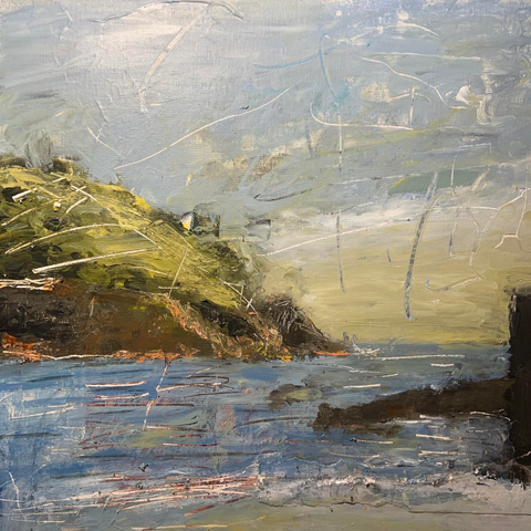 An abstract landscape painting featuring a coastal scene with a green hillside, dark rocks, and a calm blue sea under a cloudy sky. Subtle textures and brush strokes create a nature-inspired atmosphere.there are scratches in the surface of the painting. 