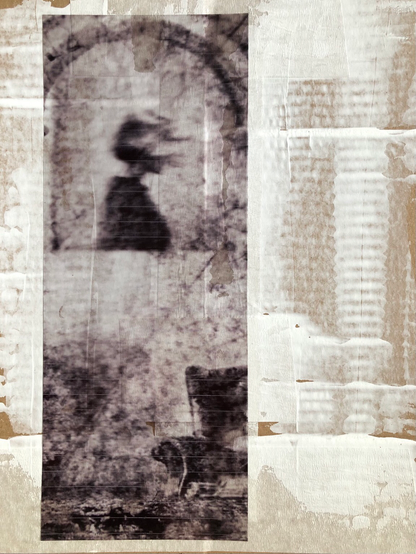 Digital collage of photograhies : an armchair and a silhouette.