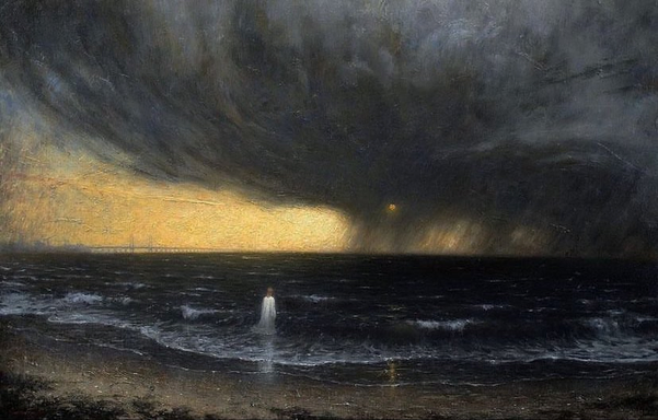 A dark, dramatic oil painting  depicting a lone, pale figure in a white garment standing in the dark, turbulent sea. The sky is dominated by swirling, dark storm clouds, with a bright, intense yellow light from the setting or rising sun illuminating the horizon and a distant bridge structure on the left.