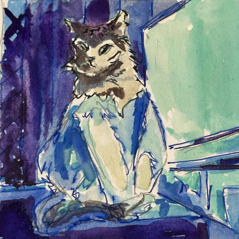 A fluffy tabby cat whose body is mostly bathed in blue light, leaving only its head above the light. The cat has its head tipped slightly and seems annoyed at being disturbed.