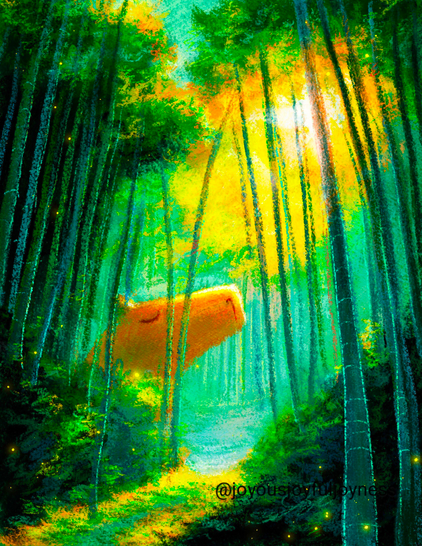 Painting of a giant capybara basking in the sun that is filtering through the leaves of a bamboo forest. There is bamboo all around and a sunlit path on the bottom left. There are some sparkles of yellow throughout the painting. The artist's signature and watermark @joyousjoyfuljoyness are on the bottom right.
