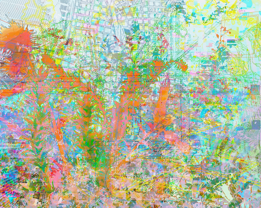 digital drawing collage. confetti aquatic plants dance in the waves. 