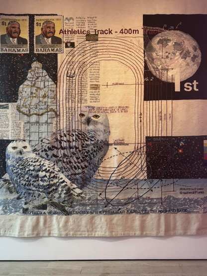 10 feet tall woven tapestry by Tavares Strachan. collage of images such as running track, moon, and owls. 