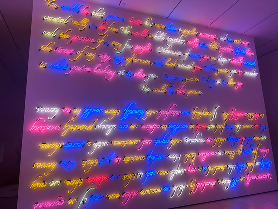 12+ feet neon installation by Tavares Strachan. in multi-colored cursive, a James Baldwin quote is mirrored above an upside-down Mark Twain one.  