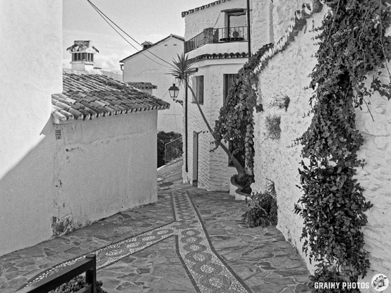 A narrow cobblestone alleyway in Benalauría, featuring whitewashed buildings adorned with climbing plants, a decorative path, and a lamppost, creating a charming and serene atmosphere.