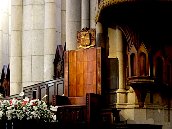 Foto van grote stoel met hoge rugleuning met wapenschild