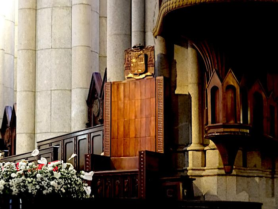 Foto van grote stoel met hoge rugleuning met wapenschild