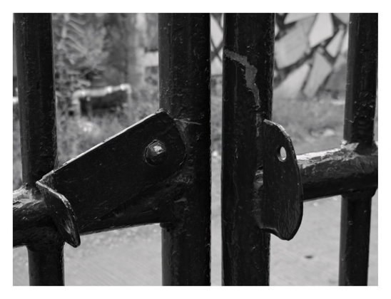 A weathered metal gate. The focus is on the latching mechanism, featuring heavy vertical iron bars with chipped and uneven paint texture. On the left is a hinged hasp attached with a bolt, and on the right is a stationary metal tab with a hole. - Google Gemini 3 Pro Preview