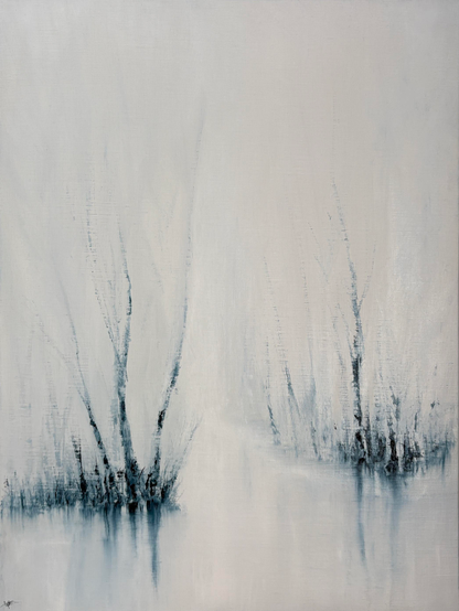 Original oil painting by Tisha Mark, "From One Moment to the Next" 24"x18" oil on canvas (2025). Vertically oriented abstract-leaning foggy landscape painting, with soft reflections from trees in a body of water. Painted in a limited palette of blues and whites.