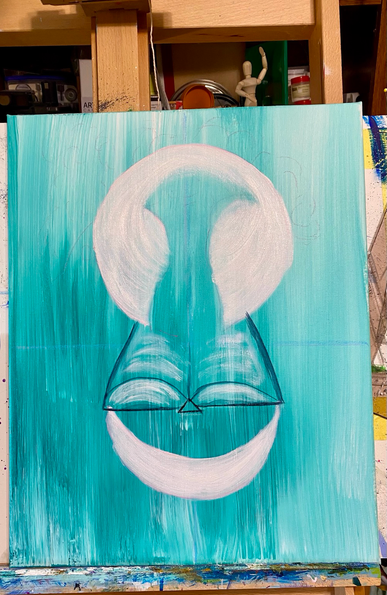 Unfinished oil painting. There is a turquoise background that is kinda striped and the color shifts from dark to light, from left to right. In the center is a book, a crescent moon, a full moon and an empty space for something to connect them all. For a given value. I mean, the artist is probably more enthusiastic than skilled. Heh. 