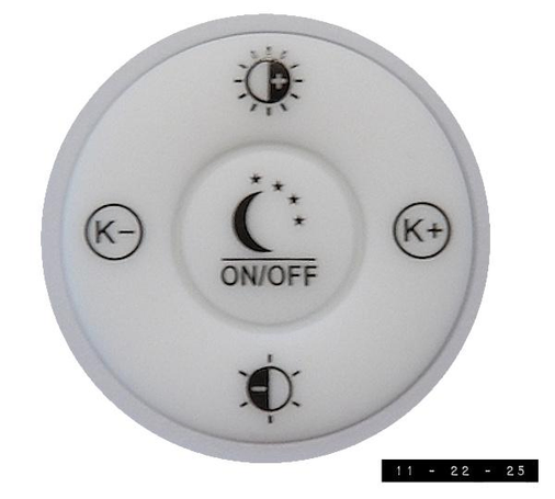 The large central control button on the remote control for my new dining room LED ceiling light.  It has easy to read black graphics on a white background.  It also has the power to not only turn my light on and off but to adjust the brightness (from very dim to blinding) and the color (from soft blue to cool white to warm yellow).  AND it can also turn on and off the deep orange "night light" that's recessed around the rim.  I've never had so much power over a light before - and all from the comfort of my chair!  I'm surprised it isn't illegal.  Or maybe it is??  *Rushing to go play with it some more before someone comes to take it away from me*     