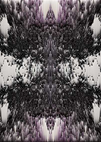An abstract digital artwork featuring a symmetrical design with jagged, textured elements in black and shades of gray, contrasted by lighter areas.