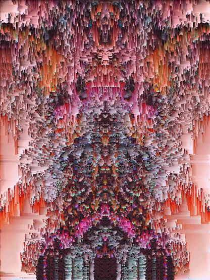 An abstract digital artwork resembling some sort of surreal, fragmented architectural form. Vibrant colors and intricate textures create a sense of depth.