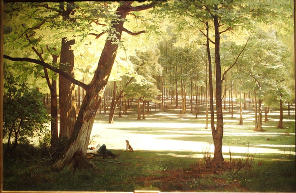 A serene forest scene featuring tall green trees with sunlight filtering through the leaves. In the foreground, a person lies relaxed on the grass, accompanied by a dog, amidst a peaceful and lush environment.