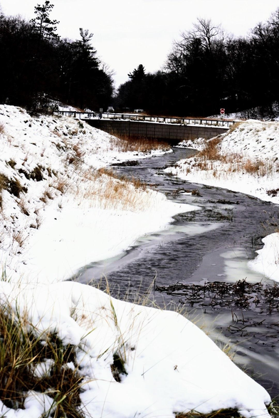 A photo of a creek flowing from under a bridge in a zig-zag manner. There is snow on the banks. Tan tall grass pokes out from the snow in places. The water is moving, but ice is forming on the edges of the bank.