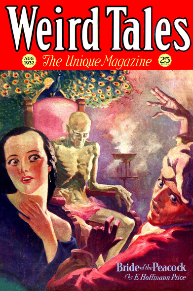A man and woman recoil in the foreground from a ghoulish grey-green skeletal figure which is sitting in an armchair. Incense is coming from a burner and the armchair is surmounted by a peacock, whether real or ornamental it's hard to say. 
Weird Tales magazine cover from 1932.
