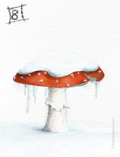 Zeichnung eines mit Schnee bedeckten Fliegenpilzes, der auf einer Schneefläche steht. Am Schirm des Pilzes hängen einige kleine Eiszapfen. Im oberen linken Eck des Bildes, steht die Zahl 8.