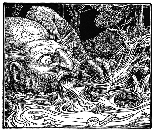 A monstrous male figure crouches on the bank of a stream, wide-eyed and with his mouth agape, attempting to swallow as much of the eddying water as possible while fish jump about.