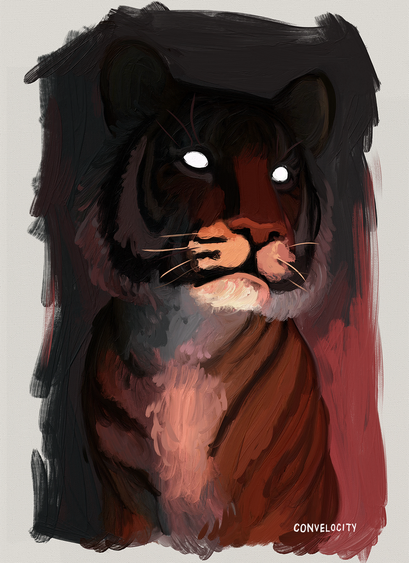 Colourful doodle of a tiger with glowing eyes. Completely devoid of any details but with even more loose brush strokes .