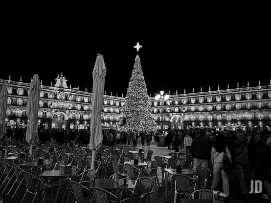 Fotografía en blanco y negro que captura una vibrante escena nocturna en una plaza histórica, específicamente la Plaza Mayor de Salamanca, España.
Los elementos principales de la imagen son:
• El Árbol de Navidad: Una gran estructura cónica iluminada con una estrella brillante en la punta domina el centro de la plaza.
• La Arquitectura: Al fondo se aprecia la fachada barroca del ayuntamiento y los soportales característicos que rodean la plaza, todos iluminados.
• La Multitud: Numerosas personas pasean y se reúnen alrededor del árbol, creando una atmósfera festiva.
• Primer Plano: Se observan las terrazas de los cafés con filas de mesas y sillas metálicas, junto con grandes sombrillas cerradas, esperando a los clientes.