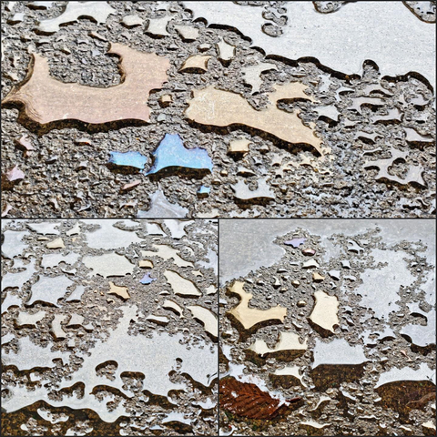 Close-up of a wet asphalt surface divided into 3 panel photos collage. The asphalt is textured with small rocks and aggregate, appearing dark gray. Scattered across the surface are puddles of water, some reflecting light and creating pale, smooth patches. The water creates abstract shapes and outlines around the aggregate. Areas of water show subtle iridescent sheens.