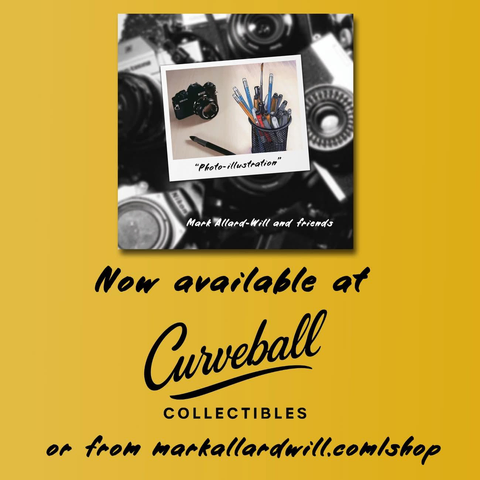 A graphic showcasing how Mark's new book, "Photo-illustration", is now available at Saskatoon's Curveball Collectibles