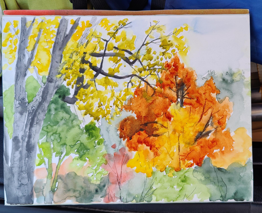 An autumn tree landscape watercolor