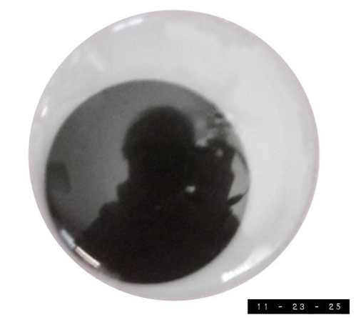 Up close view of a one inch wide googly eye.  Googly eyes, of course, have three layers: a round white base, a smaller free-moving black circle, and a clear bubble top that reduces the odds of our losing the small black circle when we try to scare small children with what looks like a detached eyeball.  The game show "Family Feud" once asked "Name something you always have in your refrigerator," to which I immediately yelled out "Googly eyes!"  The silly people in the room with me at the time laughed and vehemently insisted that one does not need to keep googly eyes cold to keep them fresh.  "I know that!" I assured them.  "I hide them in the fridge to keep them safe from burglars!"  Well, that shut them up in a hurry.  (I wish it was always that easy!) 