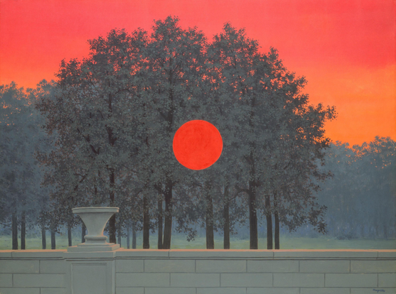 A surreal landscape featuring dark trees silhouetted against a vibrant sunset. A large, red circular object, resembling the sun, is positioned among the foliage. The scene is framed by a low stone wall and an ornate urn in the foreground.
