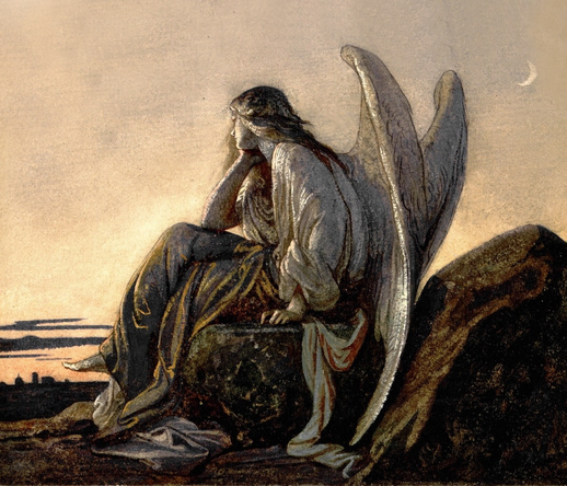 A painting or illustration of an angel sitting on a large rock, looking out toward the horizon at dusk. The angel, dressed in a pale robe, is leaning its head on its hand in a pensive posture. The sky is muted orange and pale blue, with a tiny crescent moon visible in the upper right corner, and a faint silhouette of a town on the far left horizon.