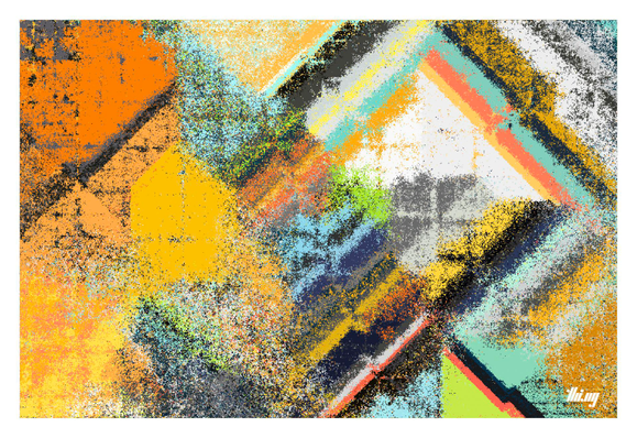 A colorful abstract composition of multi-layered concentric shapes and partially perturbed to dissolve into clouds and grungy textures of pixel dust.