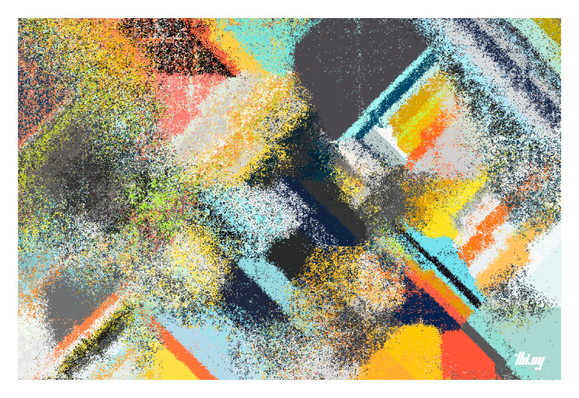 A colorful abstract composition of multi-layered concentric shapes and partially perturbed to dissolve into clouds and grungy textures of pixel dust.