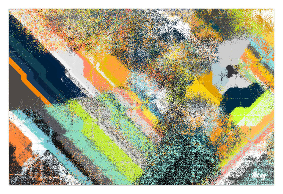 A colorful abstract composition of multi-layered concentric shapes and partially perturbed to dissolve into clouds and grungy textures of pixel dust.