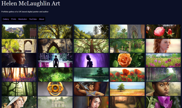 A screenshot of my portfolio website, with my name at the top, some links in a line and huge grid of thumbnails previewing my latest paintings, including scenes of woodland, foliage, flowers and a few portraits. It is cut off at the bottom, suggesting the grid continues beyond the frame of the image (it does).