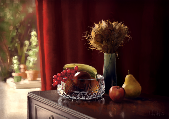 A digital painting of a still life setup in front of a sumptuous looking red curtain, with a garden partially seen through a large window. The objects are arranged on a polished wooden table that reflects them indistinctly: a glass fruit bowl containing grapes, bananas and apples, a porcelain vase with dried flowers, and an individual apple and a pear placed to the side.