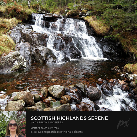 Coloured photograph featuring the design- 

Scottish Highlands Serene Waterfall.

I took this photo during a lovely autumnal nature walk through the Scottish Highlands. 

Features a cascading waterfall flowing over rocks into a clear pool surrounded by lush greenery. 

The scene is tranquil with a touch of wilderness.

Click links on the main post for options.

