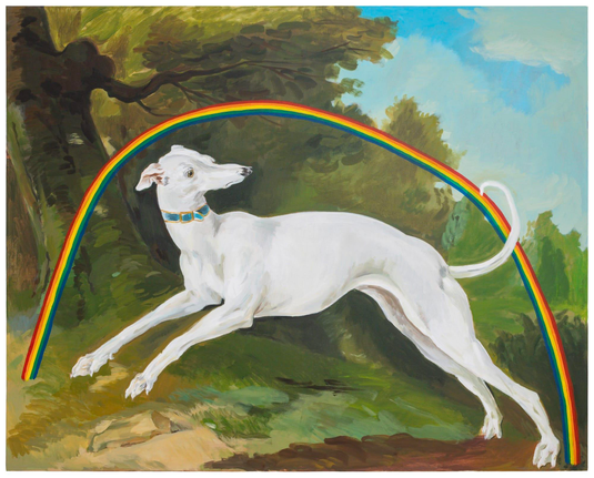 A painting by Scott Csoke of a white dog leaping in a green landscape, with a thin rainbow arched over it