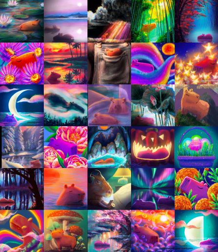 Compilation of 30 capybara paintings in a large grid.