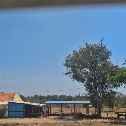 A rural scene with a blue-roofed open shed, a small house with a tiled roof, and a large tree under a clear blue sky, conveying a countryside vibe.