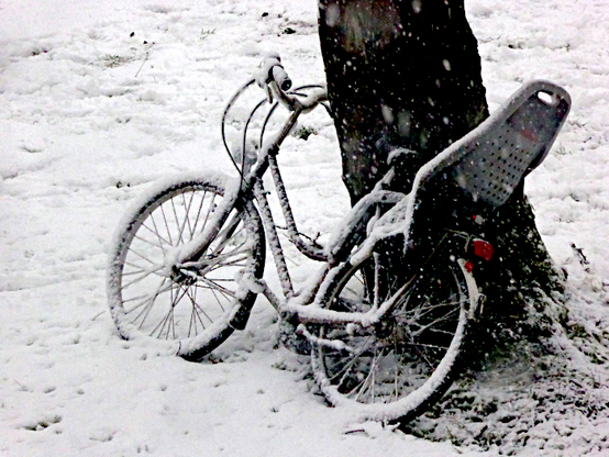 Foto van besneeuwde fiets tegen boom