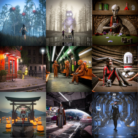 Top row (left to right): 1. A girl stands in a misty forest facing giant mechanical tripod creatures with glowing red orbs. 2. Two people with bicycles face an enormous glowing purple/white giant figure with a distinct cat-like appearance towering in a foggy forest. 3. A gray alien creature sits at a poker table dealing cards, with stacks of chips on the green felt table.

Middle row: 4. A golden/yellow robot sits on a chair in a nighttime European street scene with historic architecture and warm lighting
5. Three astronauts in orange suits are seated inside a subway train with green-lit curved interiors 6. A girl sits in a spaceship or space station corridor with a robot visible in the background 
Bottom row: 7. A robot stands in a boat under a Japanese torii gate on water, surrounded by floating lanterns at dusk. 8. A mage in ornate robes stands in a living room of a space station with Earth visible through the window in orbit
9. A person in tactical gear walks through a blue-lit industrial sci-fi corridor

All nine scenes appear to be high-quality renders or AI-generated images with cinematic lighting and composition, combining science fiction and fantasy elements.