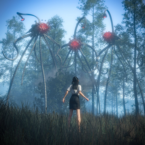 A girl stands in a misty forest facing giant mechanical tripod creatures with glowing red orbs